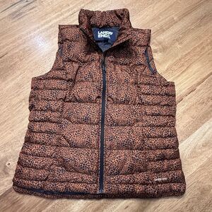 Lands End Feather/ Down Vest Large Chetah Animal Print Puffer Jacket Preppy